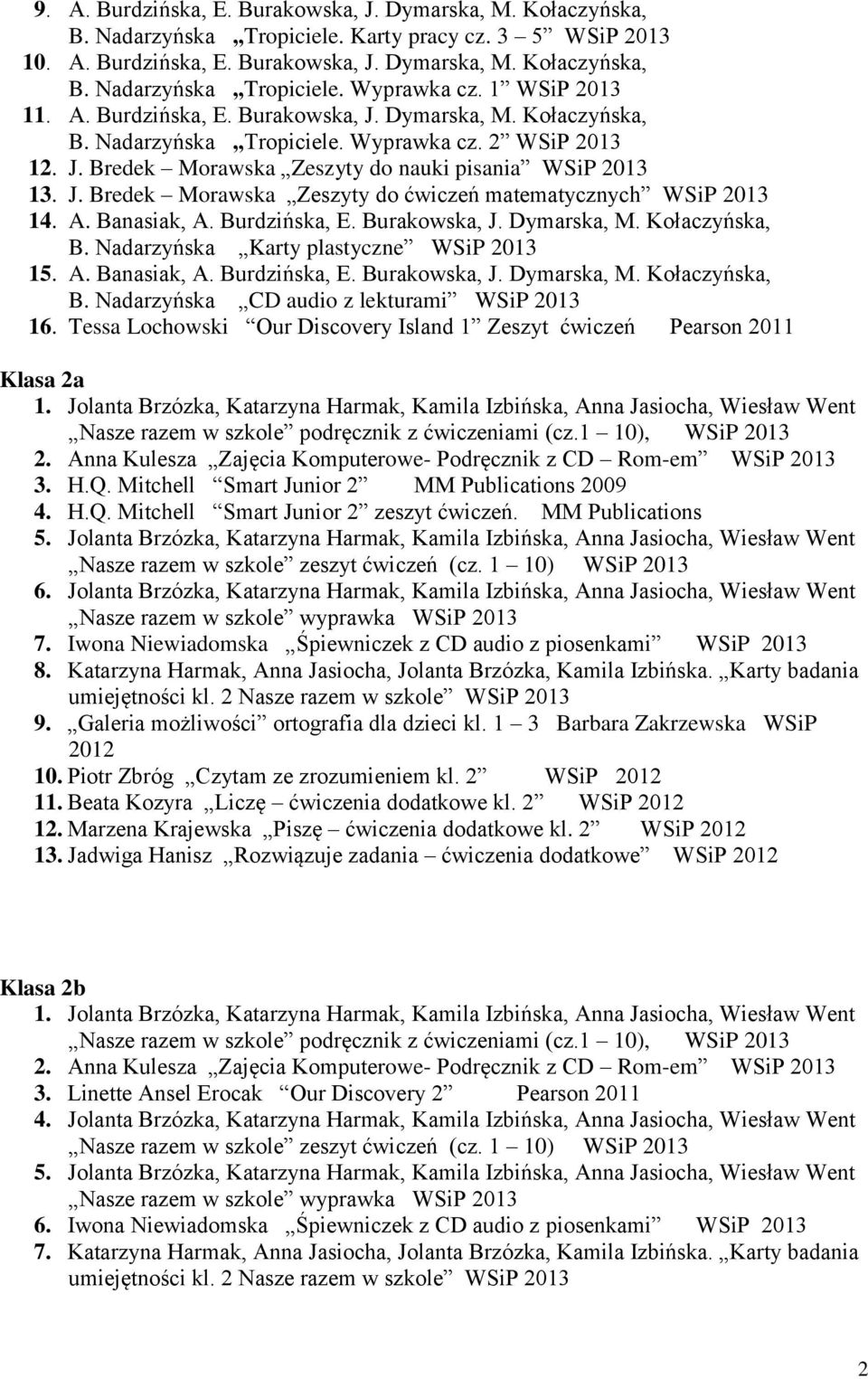 A. Banasiak, A. Burdzińska, E. Burakowska, J. Dymarska, M. Kołaczyńska, B. Nadarzyńska Karty plastyczne 15. A. Banasiak, A. Burdzińska, E. Burakowska, J. Dymarska, M. Kołaczyńska, B. Nadarzyńska CD audio z lekturami 16.