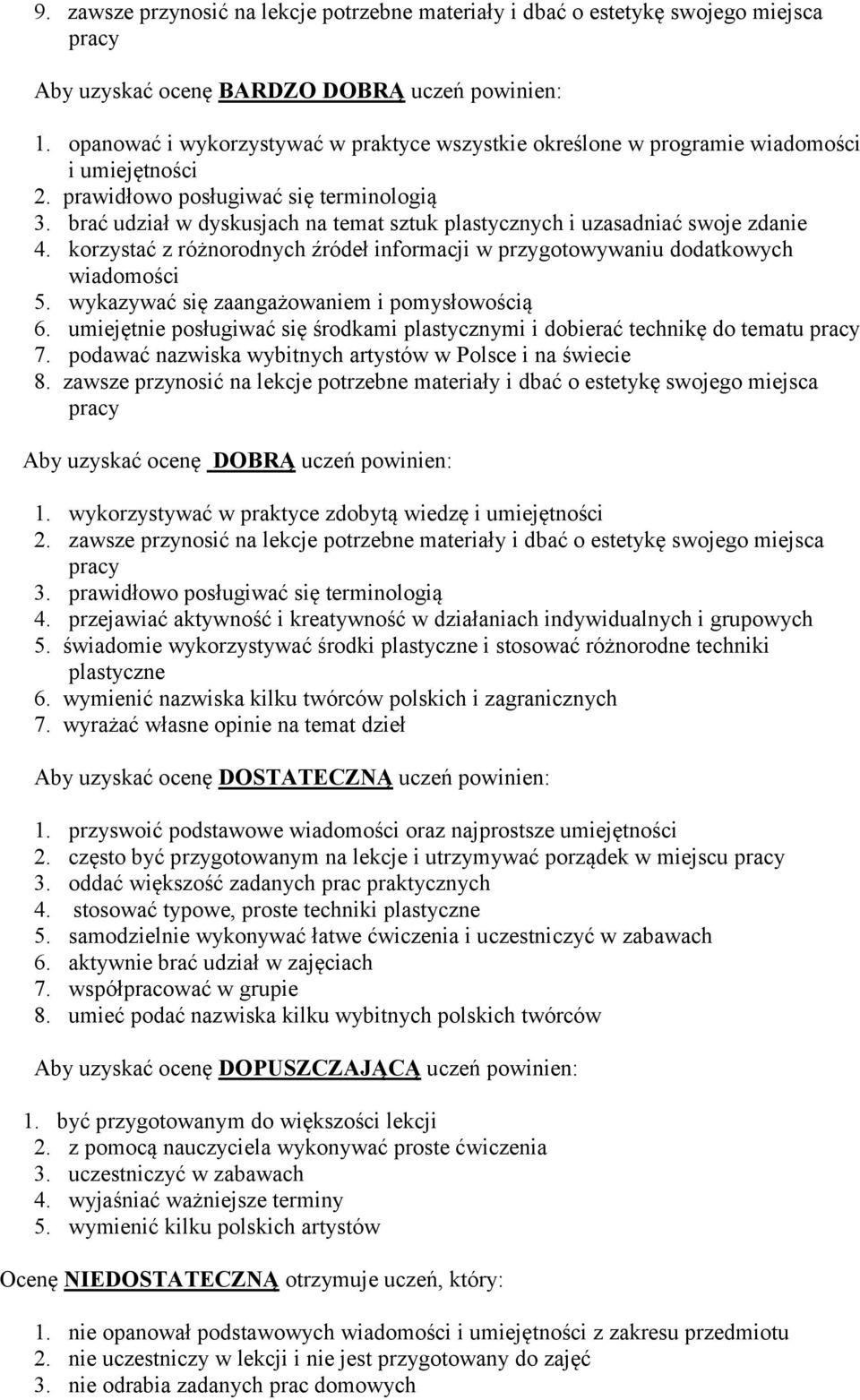 brać udział w dyskusjach na temat sztuk plastycznych i uzasadniać swoje zdanie 4. korzystać z różnorodnych źródeł informacji w przygotowywaniu dodatkowych wiadomości 5.