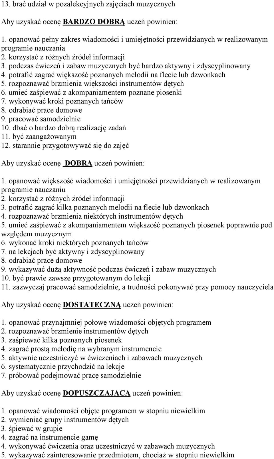 podczas ćwiczeń i zabaw muzycznych być bardzo aktywny i zdyscyplinowany 4. potrafić zagrać większość poznanych melodii na flecie lub dzwonkach 5.