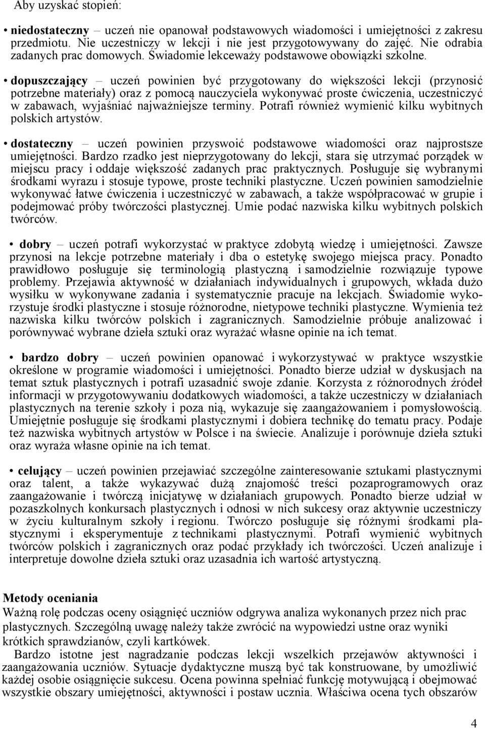 dopuszczający uczeń powinien być przygotowany do większości lekcji (przynosić potrzebne materiały) oraz z pomocą nauczyciela wykonywać proste ćwiczenia, uczestniczyć w zabawach, wyjaśniać