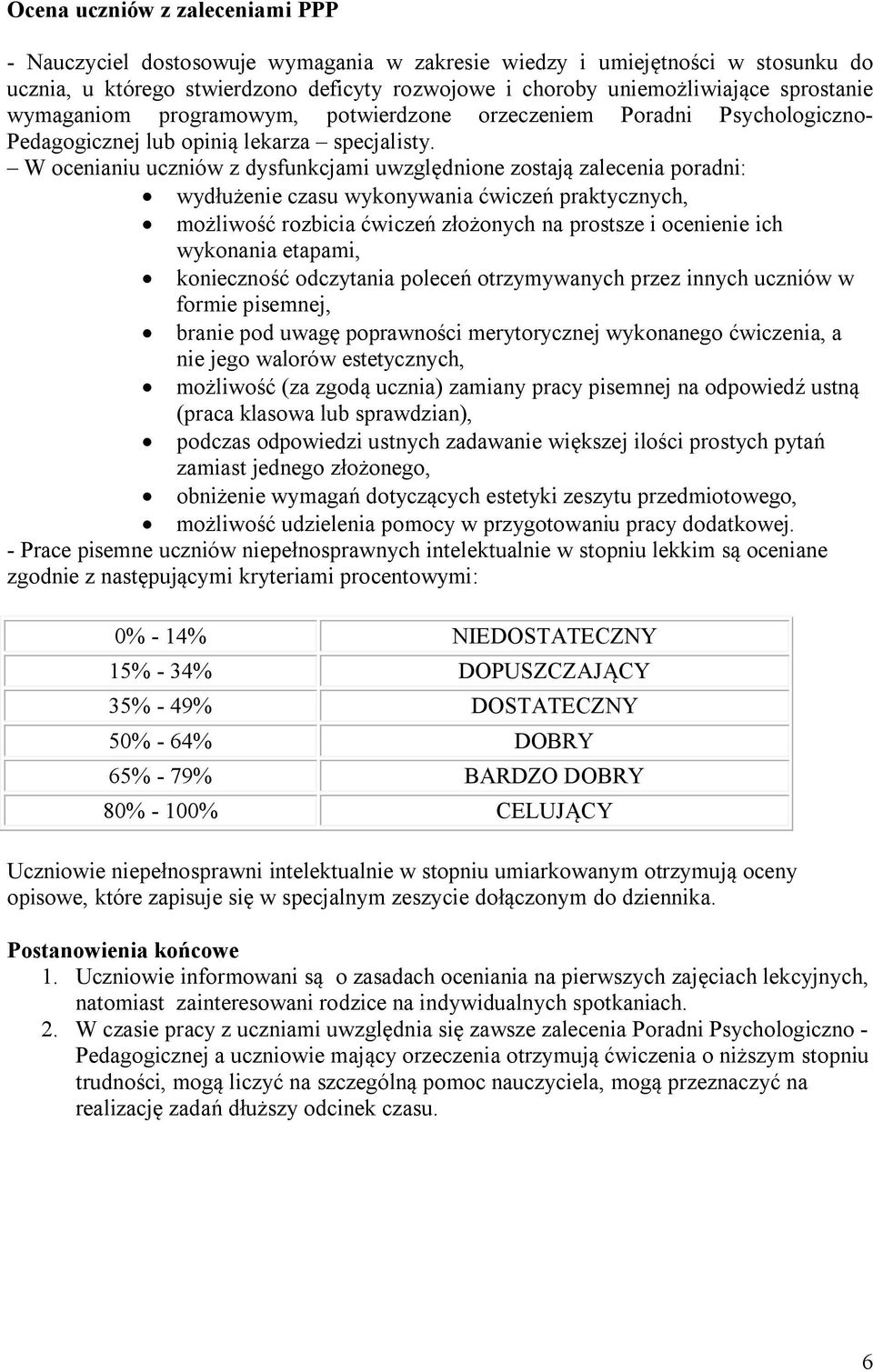 W ocenianiu uczniów z dysfunkcjami uwzględnione zostają zalecenia poradni: wydłużenie czasu wykonywania ćwiczeń praktycznych, możliwość rozbicia ćwiczeń złożonych na prostsze i ocenienie ich