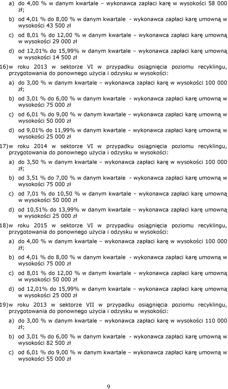 osiągnięcia poziomu recyklingu, a) do 3,00 % w danym kwartale wykonawca zapłaci karę w wysokości 100 000 b) od 3,01 % do 6,00 % w danym kwartale - wykonawca zapłaci karę umowną w wysokości 75 000 zł