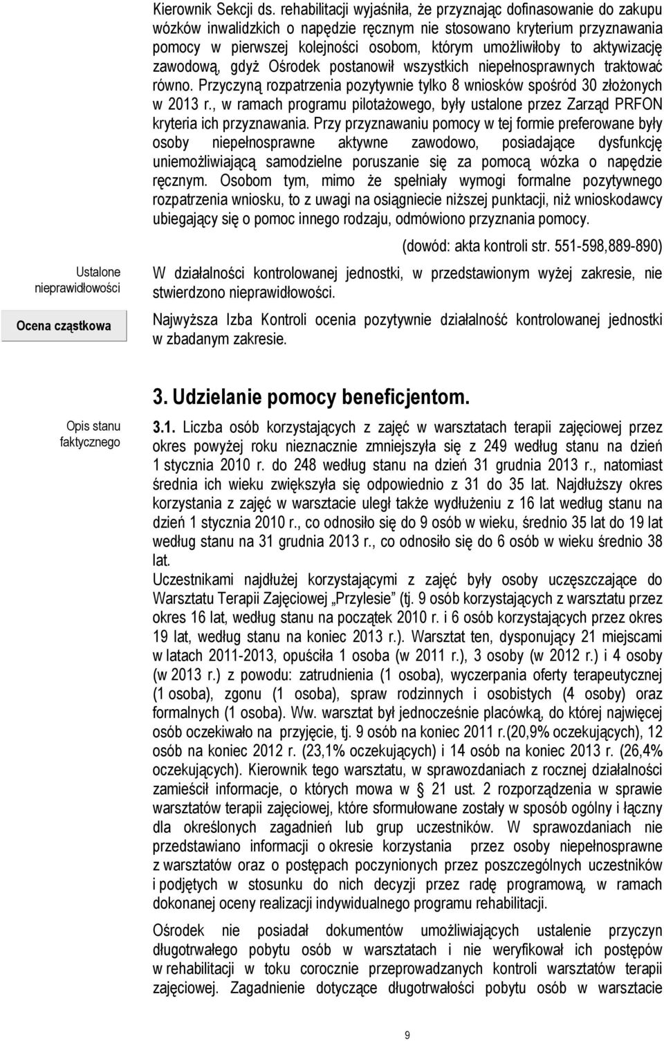 aktywizację zawodową, gdyż Ośrodek postanowił wszystkich niepełnosprawnych traktować równo. Przyczyną rozpatrzenia pozytywnie tylko 8 wniosków spośród 30 złożonych w 2013 r.