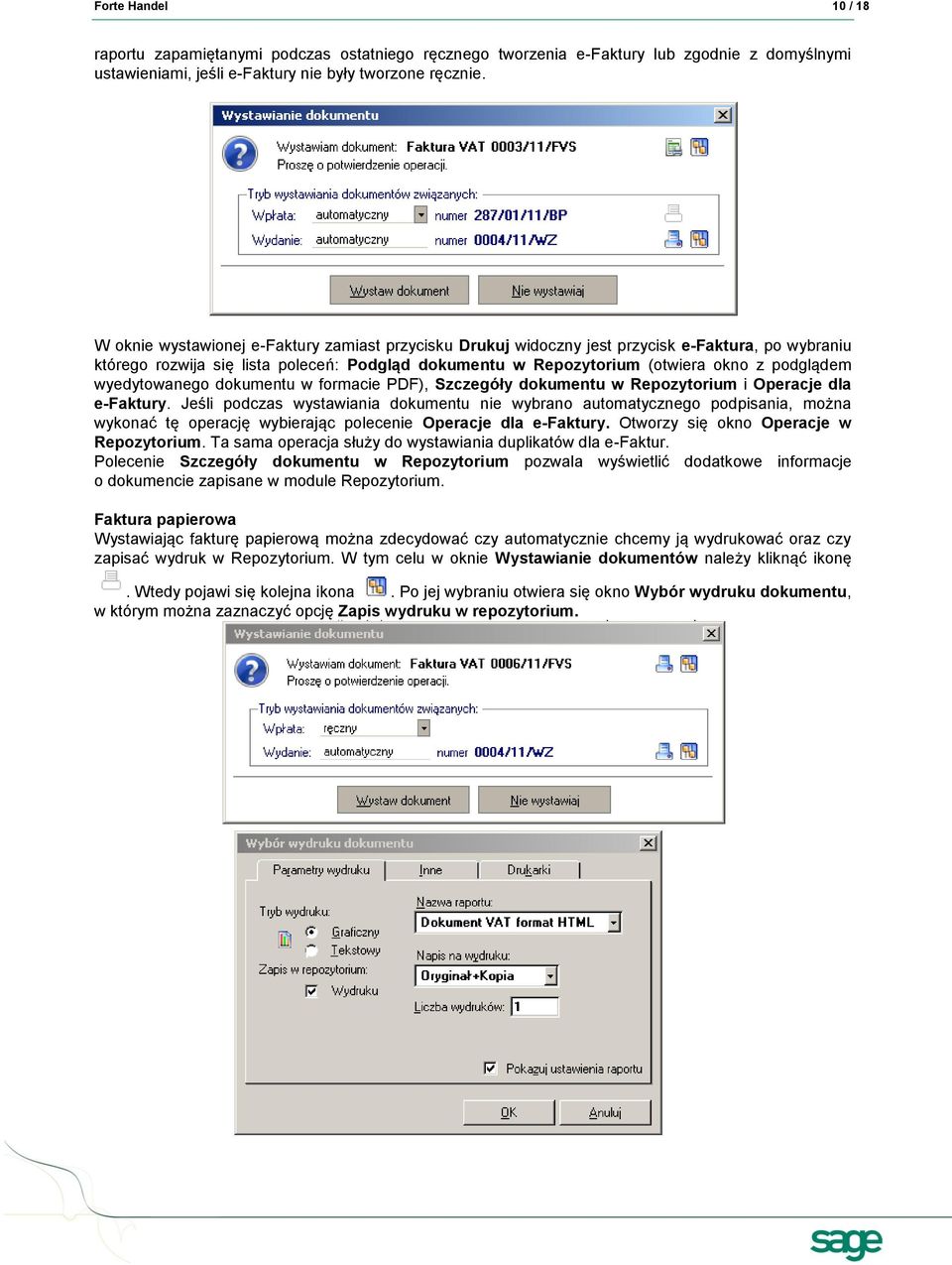 wyedytowanego dokumentu w formacie PDF), Szczegóły dokumentu w Repozytorium i Operacje dla e-faktury.
