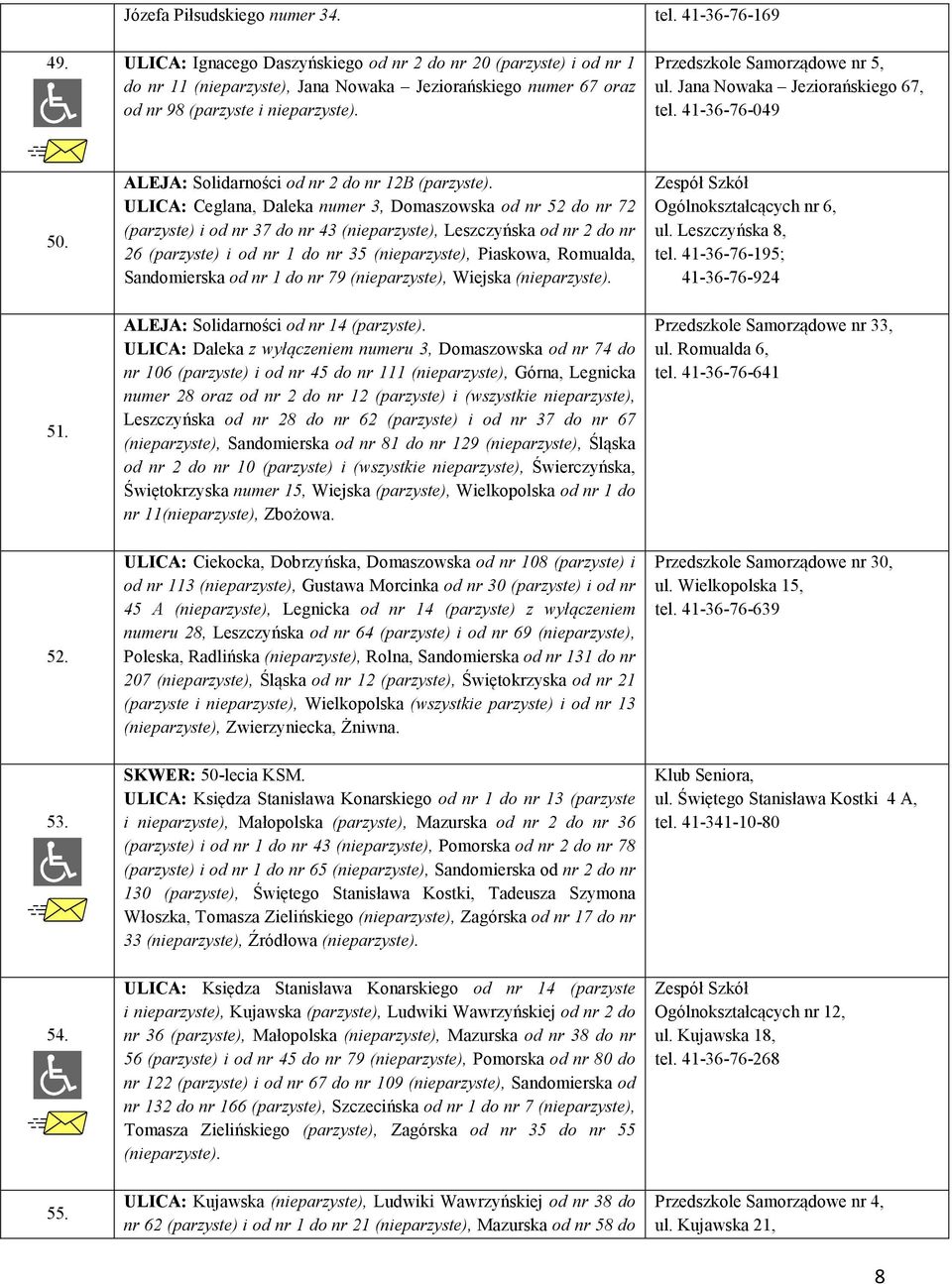 Jana Nowaka Jeziorańskiego 67, tel. 41-36-76-049 50. 51. ALEJA: Solidarności od nr 2 do nr 12B (parzyste).