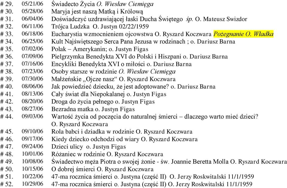 06/25/06 Kult Najświętszego Serca Pana Jezusa w rodzinach ; o. Dariusz Barna # 35. 07/02/06 Polak Amerykanin; o. Justyn Figas # 36. 07/09/06 Pielgrzymka Benedykta XVI do Polski i Hiszpani o.