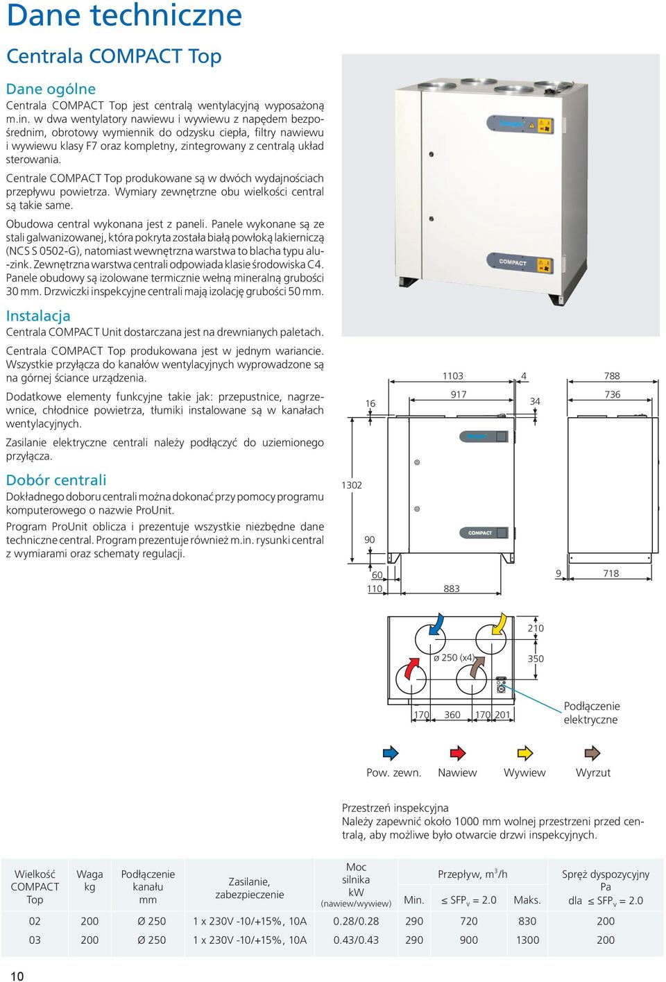 Centrale COMPACT Top produkowane są w dwóch wydajnościach przepływu powietrza. Wymiary zewnętrzne obu wielkości central są takie same. Obudowa central wykonana jest z paneli.