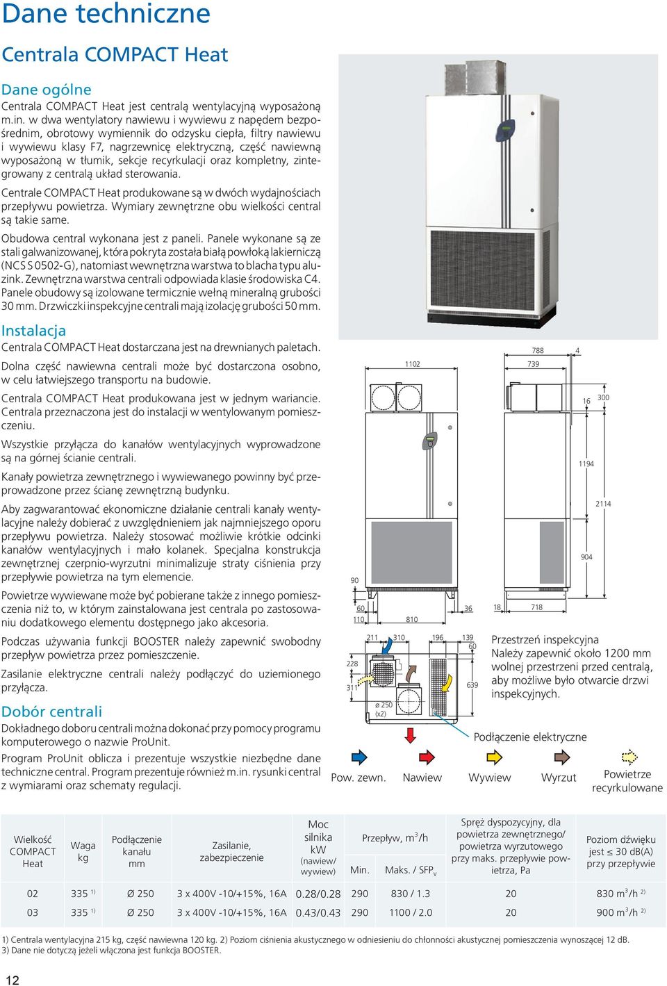sekcje recyrkulacji oraz kompletny, zintegrowany z centralą układ sterowania. Centrale COMPACT Heat produkowane są w dwóch wydajnościach przepływu powietrza.