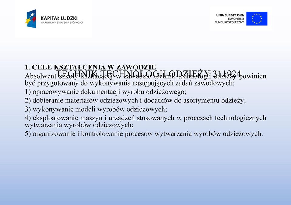 następujących zadań zawodowych: 1) opracowywanie dokumentacji wyrobu odzieżowego; 2) dobieranie materiałów odzieżowych i dodatków do