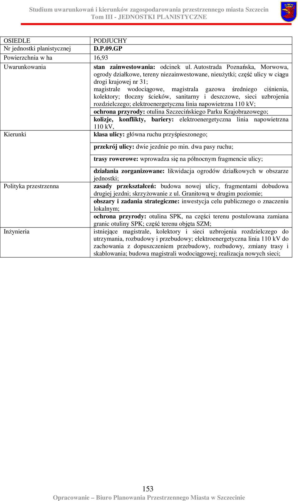 kolektory; tłoczny ścieków, sanitarny i deszczowe, sieci uzbrojenia rozdzielczego; elektroenergetyczna linia napowietrzna 110 kv; ochrona przyrody: otulina Szczecińskiego Parku Krajobrazowego;