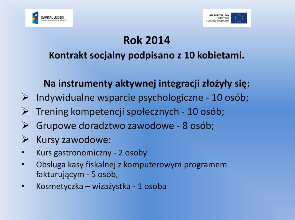 osób; Trening kompetencji społecznych - 10 osób; Grupowe doradztwo zawodowe - 8 osób; Kursy