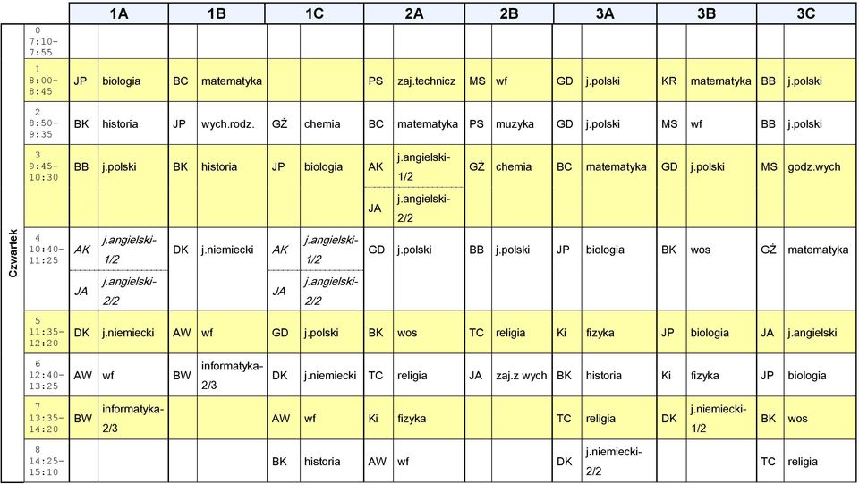 wych : j.niemiecki GD j.polski BB j.polski JP biologia BK wos GŻ matematyka :- j.niemiecki AW wf GD j.polski BK wos TC religia Ki fizyka JP biologia j.