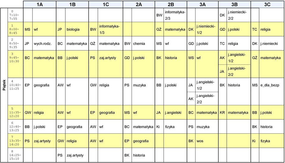 polski BK historia MS wf GŻ matematyka : EP geografia AW wf GW religia PS muzyka BB j.