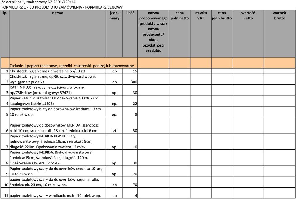 brutto wartość netto wartość brutto Zadanie 1 papiert toaletowe, ręczniki, chusteczki ponizej lub równoważne 1 Chusteczki higieniczne uniwersalne op/90 szt op 15 Chusteczki higieniczne, op/80 szt.