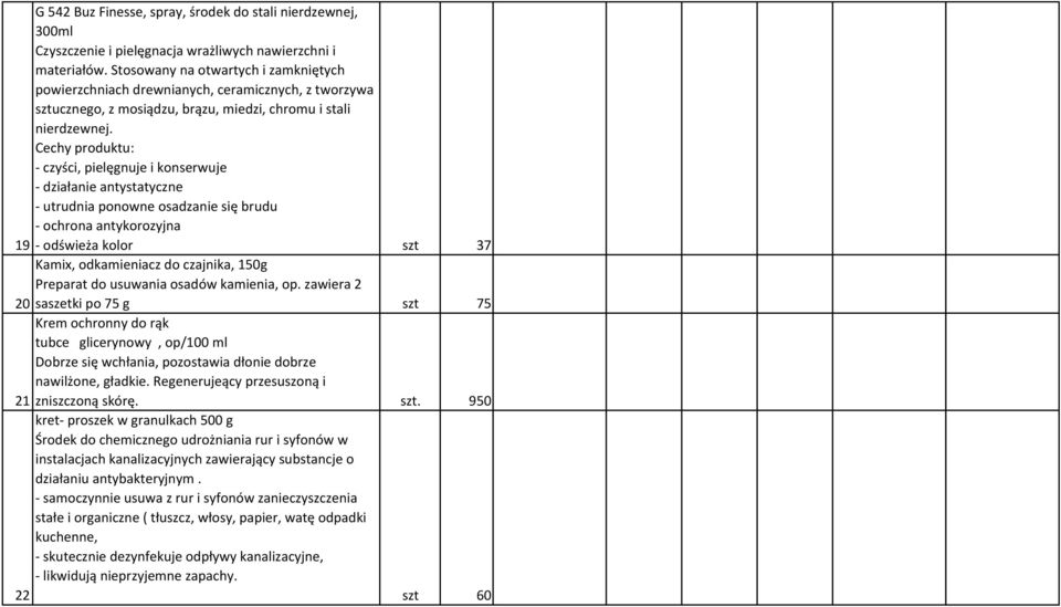 Cechy produktu: - czyści, pielęgnuje i konserwuje - działanie antystatyczne - utrudnia ponowne osadzanie się brudu - ochrona antykorozyjna 19 - odświeża kolor szt 37 Kamix, odkamieniacz do czajnika,