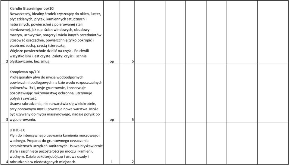 Zalety: czyści i schnie 2 błyskawicznie, bez smug op 5 3 4 Komplexan op/10l Profesjonalny płyn do mycia wodoodpornych powierzchni podłogowych na bzie wodo rozpuszczalnych polimerów.