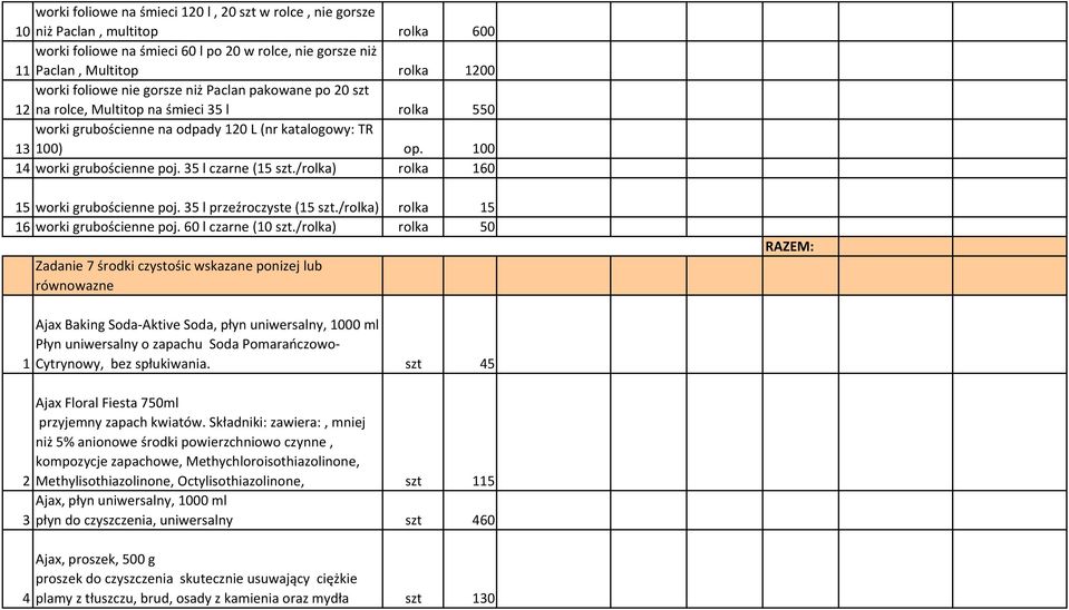 35 l czarne (15 szt./rolka) rolka 160 15 worki grubościenne poj. 35 l przeźroczyste (15 szt./rolka) rolka 15 16 worki grubościenne poj. 60 l czarne (10 szt.