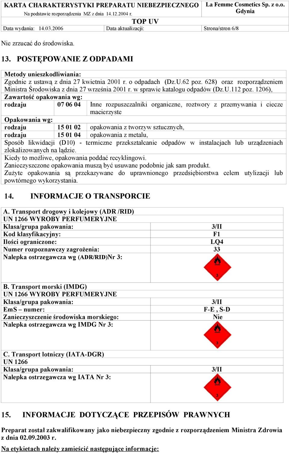 1206), Zawartość opakowania wg: rodzaju 07 06 04 Inne rozpuszczalniki organiczne, roztwory z przemywania i ciecze macierzyste Opakowania wg: rodzaju 15 01 02 opakowania z tworzyw sztucznych, rodzaju