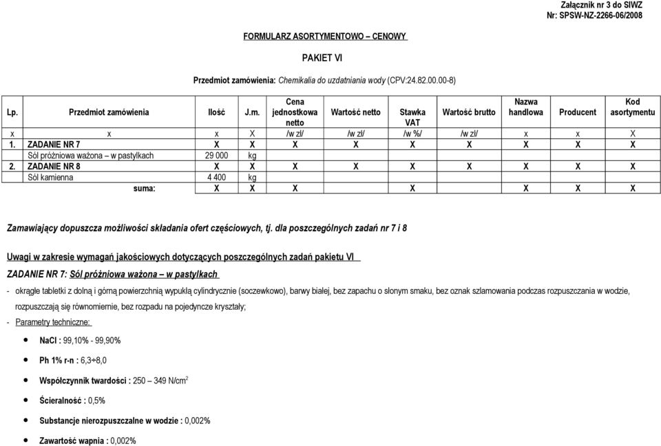 dla poszczególnych zadań nr 7 i 8 Uwagi w zakresie wymagań jakościowych dotyczących poszczególnych zadań pakietu VI ZADANIE NR 7: Sól próżniowa ważona w pastylkach - okrągłe tabletki z dolną i górną