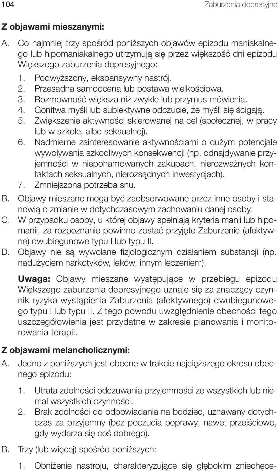 2. Przesadna samoocena lub postawa wielkościowa. 3. Rozmowność większa niż zwykle lub przymus mówienia. 4. Gonitwa myśli lub subiektywne odczucie, że myśli się ścigają. 5.