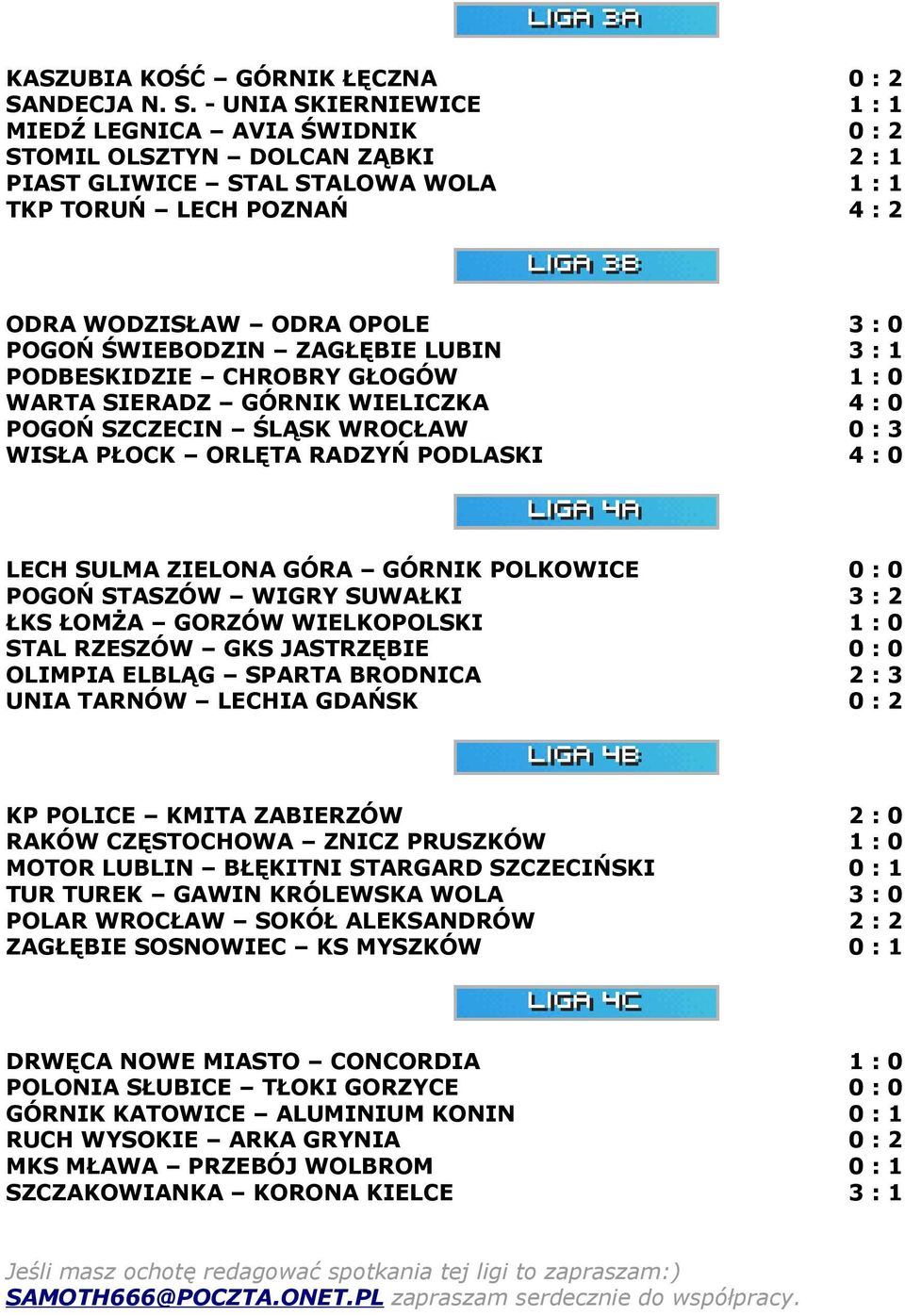- UNIA SKIERNIEWICE 1 : 1 MIEDŹ LEGNICA AVIA ŚWIDNIK 0 : 2 STOMIL OLSZTYN DOLCAN ZĄBKI 2 : 1 PIAST GLIWICE STAL STALOWA WOLA 1 : 1 TKP TORUŃ LECH POZNAŃ 4 : 2 ODRA WODZISŁAW ODRA OPOLE 3 : 0 POGOŃ