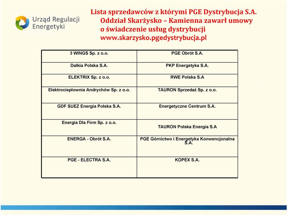 A Elektrociepłownia Andrychów Sp. z o.o. TAURON Sprzedaż Sp. z o.o. GDF SUEZ Energia Polska S.A. Energetyczne Centrum S.A. Energia Dla Firm Sp.