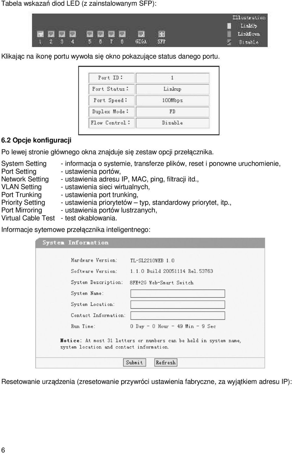 System Setting - informacja o systemie, transferze plików, reset i ponowne uruchomienie, Port Setting - ustawienia portów, Network Setting - ustawienia adresu IP, MAC, ping, filtracji itd.