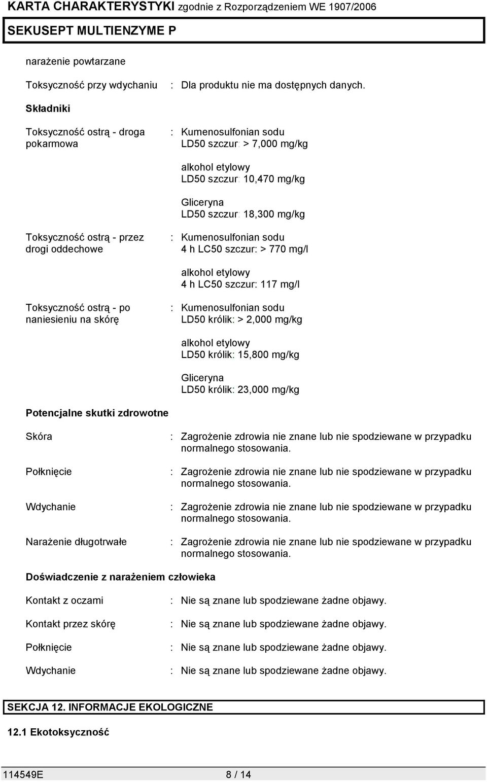 skórę : Kumenosulfonian sodu LD50 królik: > 2,000 mg/kg alkohol etylowy LD50 królik: 15,800 mg/kg Gliceryna LD50 królik: 23,000 mg/kg Potencjalne skutki zdrowotne Skóra Połknięcie Wdychanie Narażenie