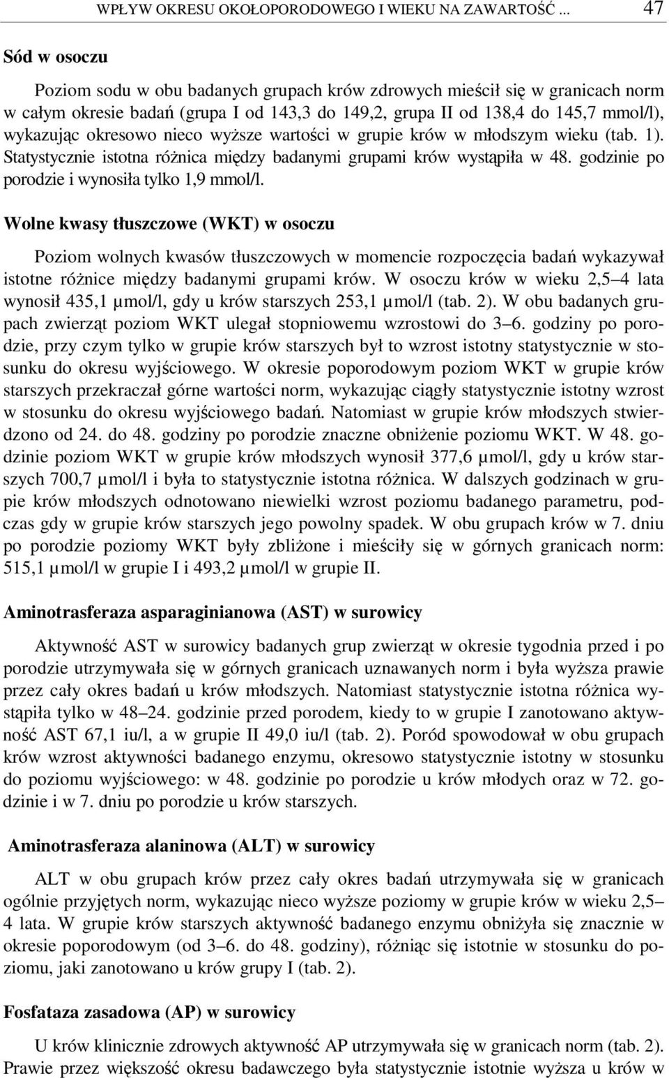 nieco wysze wartoci w grupie krów w młodszym wieku (tab. 1). Statystycznie istotna rónica midzy badanymi grupami krów wystpiła w 48. godzinie po porodzie i wynosiła tylko 1,9 mmol/l.
