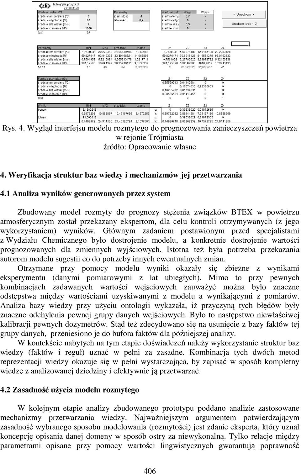 1 Analiza wyników generowanych przez system Zbudowany model rozmyty do prognozy stężenia związków BTEX w powietrzu atmosferycznym został przekazany ekspertom, dla celu kontroli otrzymywanych (z jego