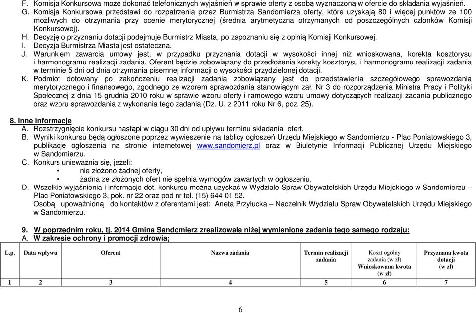 otrzymanych od poszczególnych członków Komisji Konkursowej). H. Decyzję o przyznaniu dotacji podejmuje Burmistrz Miasta, po zapoznaniu się z opinią Komisji Konkursowej. I.