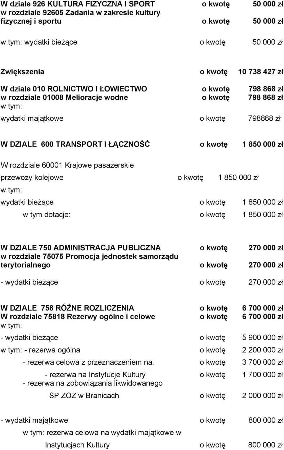 o kwotę 1 850 000 zł W rozdziale 60001 Krajowe pasażerskie przewozy kolejowe o kwotę 1 850 000 zł w tym: wydatki bieżące o kwotę 1 850 000 zł w tym dotacje: o kwotę 1 850 000 zł W DZIALE 750