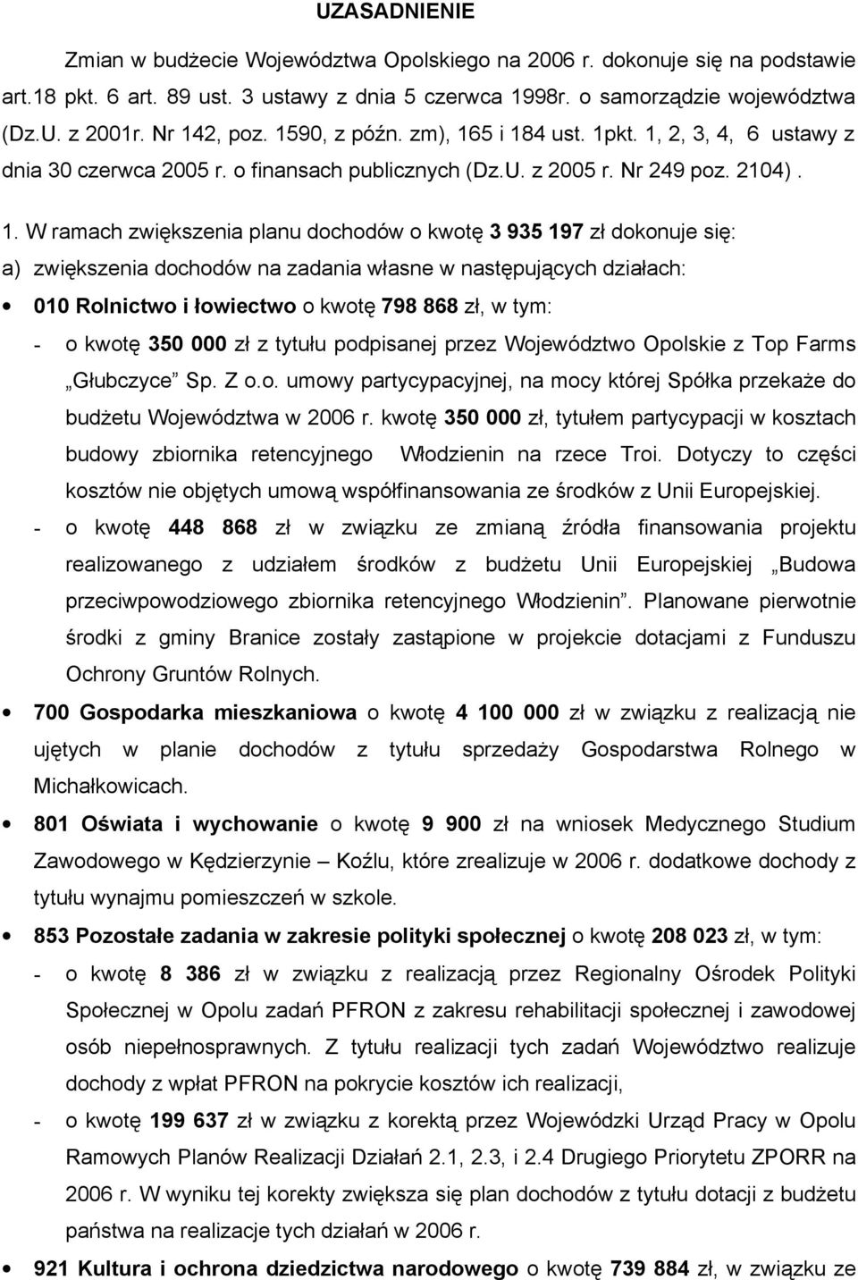 o kwotę 3 935 197 zł dokonuje się: a) zwiększenia dochodów na zadania własne w następujących działach: 010 Rolnictwo i łowiectwo o kwotę 798 868 zł, w tym: - o kwotę 350 000 zł z tytułu podpisanej