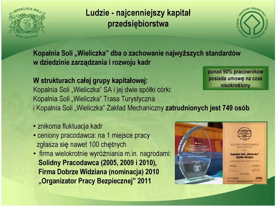 zatrudnionych jest 749 osób znikoma fluktuacja kadr ceniony pracodawca: na 1 miejsce pracy zgłasza się nawet 100 chętnych firma wielokrotnie wyróŝniania m.in.