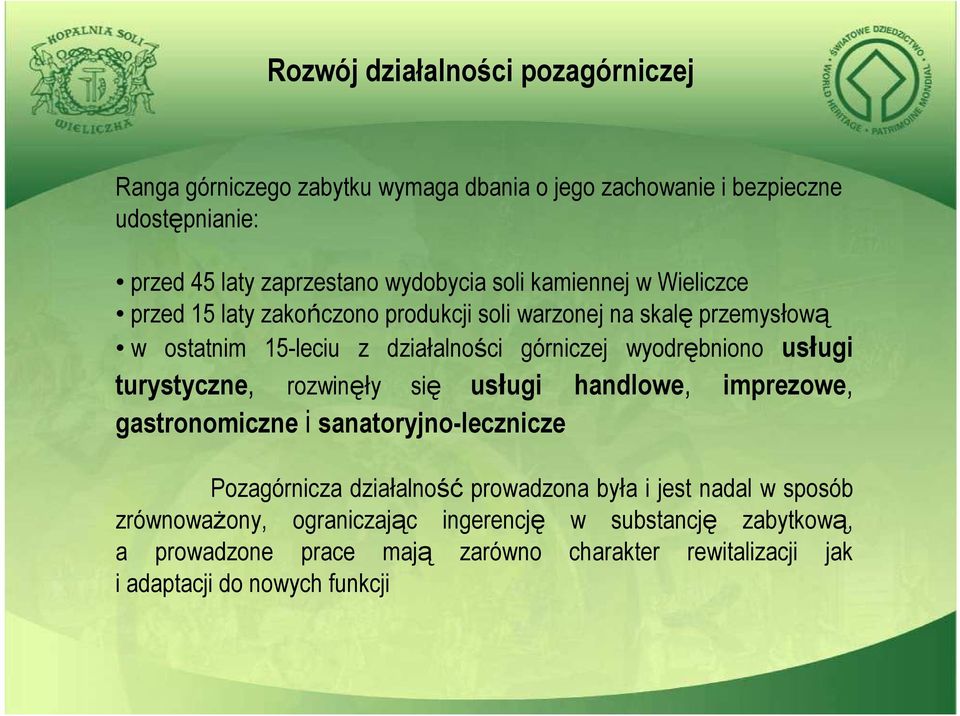 usługi turystyczne, rozwinęły się usługi handlowe, imprezowe, gastronomiczne i sanatoryjno-lecznicze Pozagórnicza działalność prowadzona była i jest nadal w