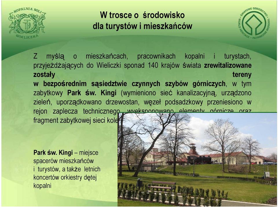 Kingi (wymieniono sieć kanalizacyjną, urządzono zieleń, uporządkowano drzewostan, węzeł podsadzkowy przeniesiono w rejon zaplecza technicznego,