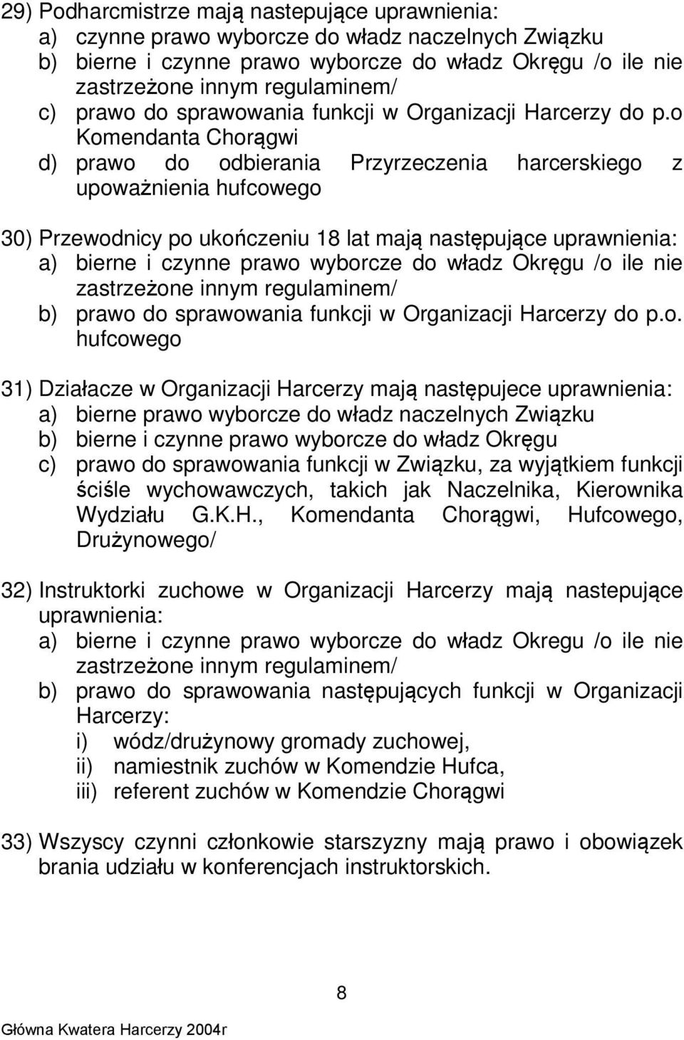 o Komendanta Chorągwi d) prawo do odbierania Przyrzeczenia harcerskiego z upoważnienia hufcowego 30) Przewodnicy po ukończeniu 18 lat mają następujące uprawnienia: a) bierne i czynne prawo wyborcze