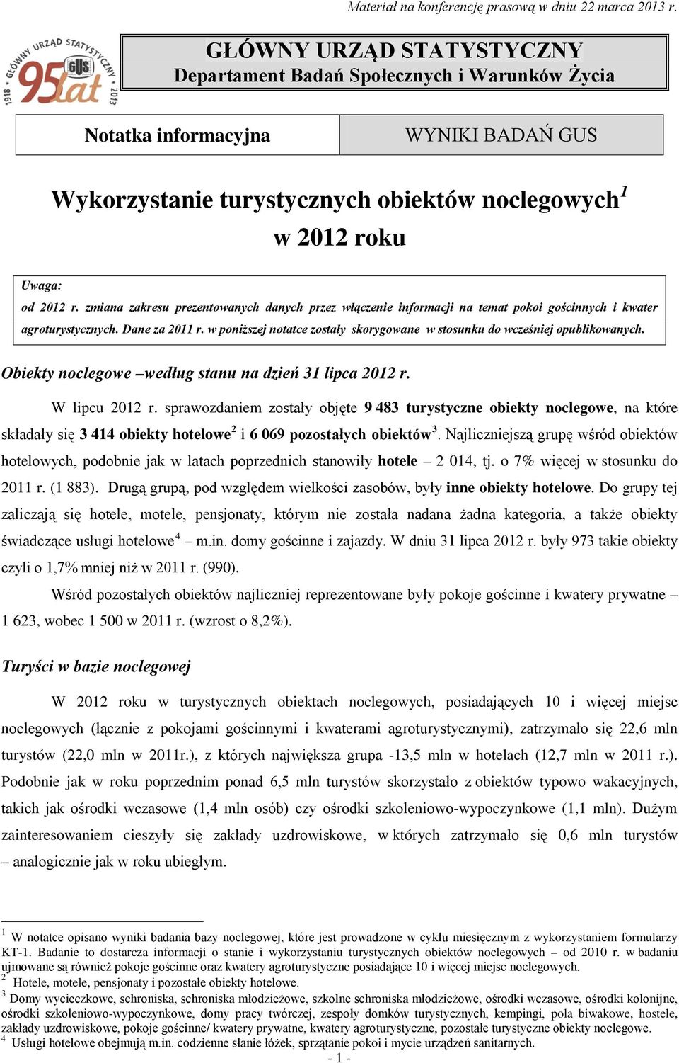 zmiana zakresu prezentowanych danych przez włączenie informacji na temat pokoi gościnnych i kwater agroturystycznych. Dane za 2011 r.