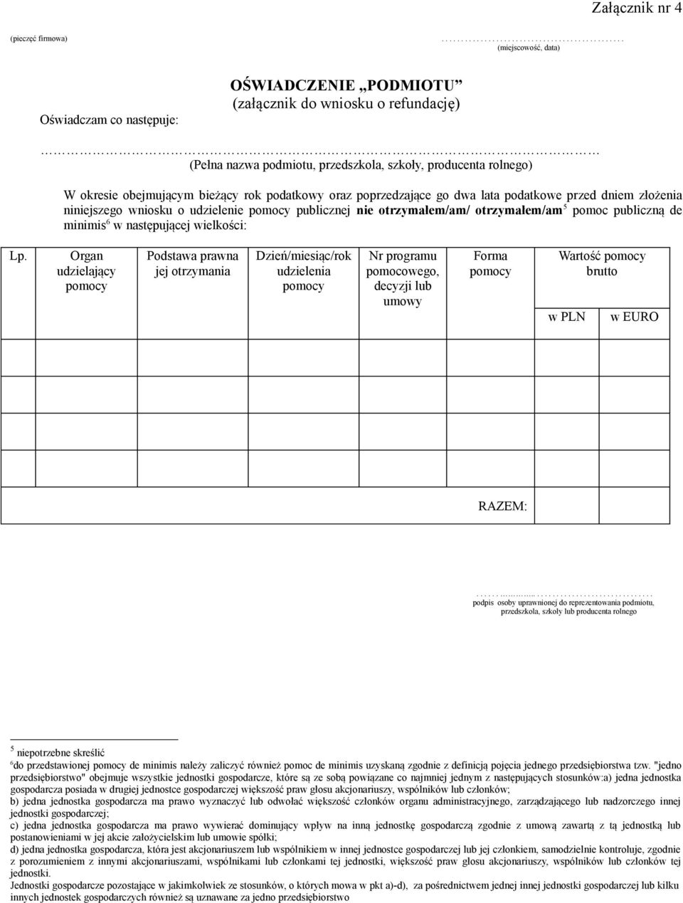 dwa lata podatkowe przed dniem złożenia niniejszego wniosku o udzielenie pomocy publicznej nie otrzymałem/am/ otrzymałem/am 5 pomoc publiczną de minimis 6 w następującej wielkości: Lp.