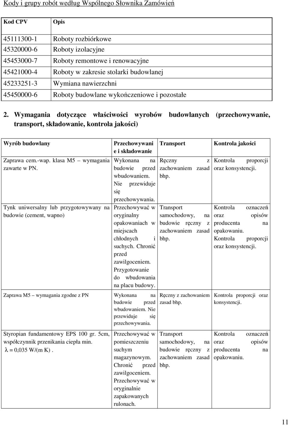 Wymagania dotyczące właściwości wyrobów budowlanych (przechowywanie, transport, składowanie, kontrola jakości) Wyrób budowlany Zaprawa cem.-wap. klasa M5 wymagania zawarte w PN.