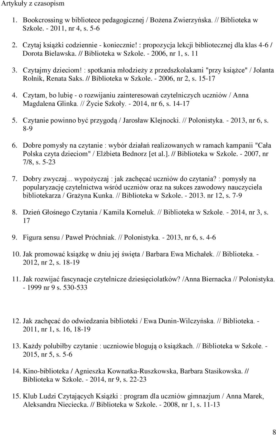 : spotkania młodzieży z przedszkolakami "przy książce" / Jolanta Rolnik, Renata Saks. // Biblioteka w Szkole. - 2006, nr 2, s. 15-17 4.