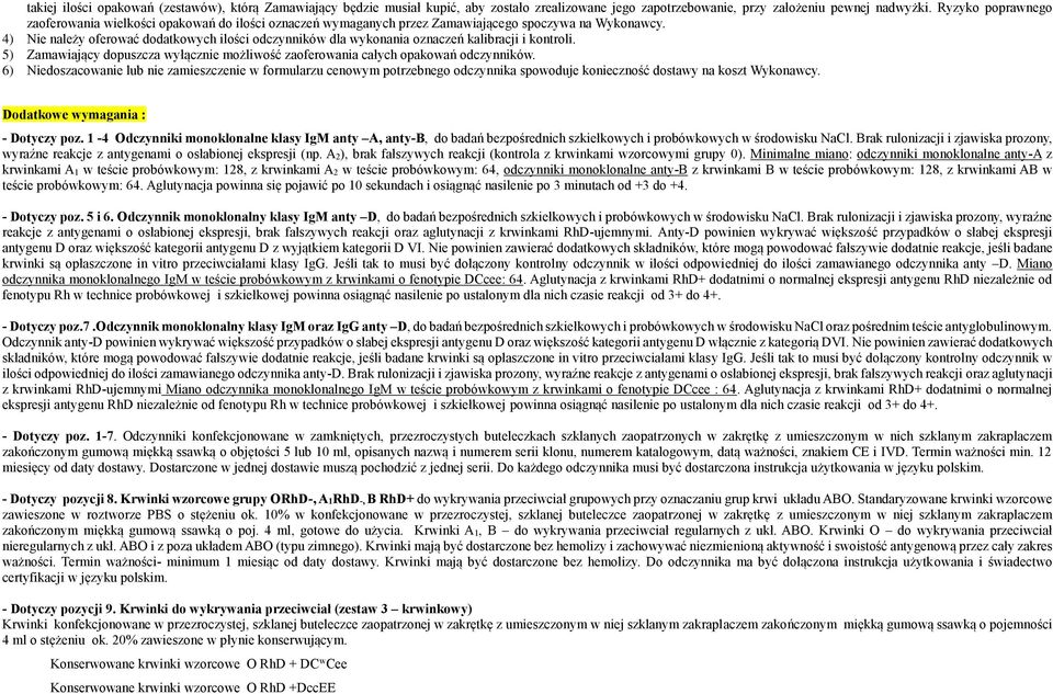 4) Nie należy oferować dodatkowych ilości odczynników dla wykonania oznaczeń kalibracji i kontroli. 5) Zamawiający dopuszcza wyłącznie możliwość zaoferowania całych opakowań odczynników.