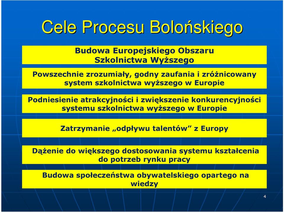 konkurencyjności systemu szkolnictwa wyŝszego w Europie Zatrzymanie odpływu talentów z Europy DąŜenie do