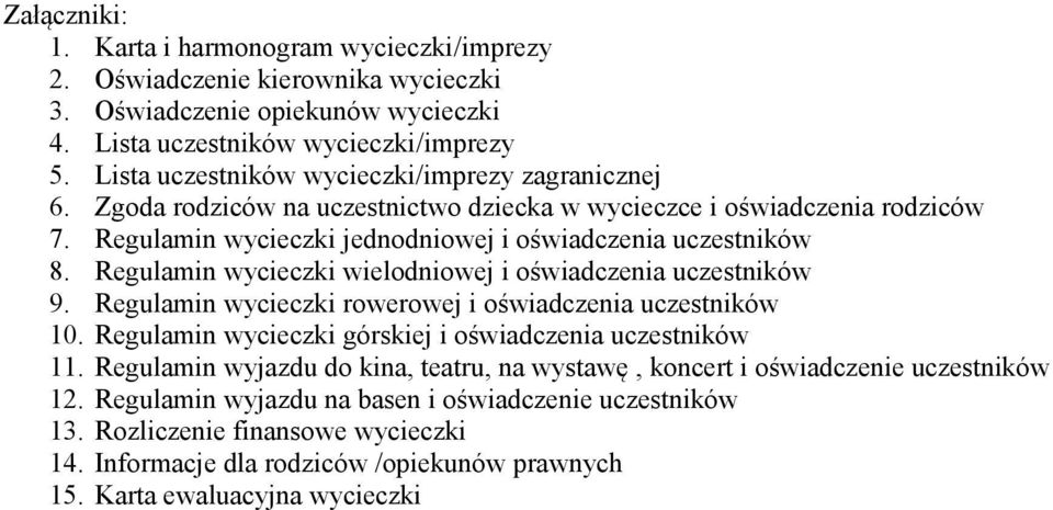 Regulamin wycieczki wielodniowej i oświadczenia uczestników 9. Regulamin wycieczki rowerowej i oświadczenia uczestników 10. Regulamin wycieczki górskiej i oświadczenia uczestników 11.