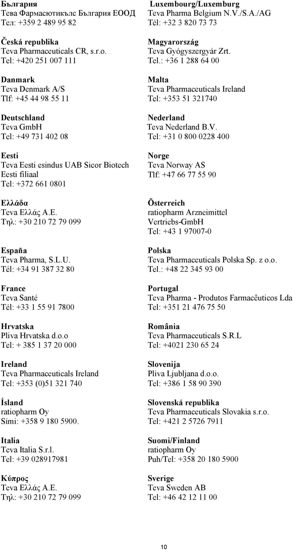 Ελλάς Α.Ε. Τηλ: +30 210 72 79 099 España Teva Pharma, S.L.U. Tél: +34 91 387 32 80 France Teva Santé Tél: +33 1 55 91 7800 Hrvatska Pliva Hrvatska d.o.