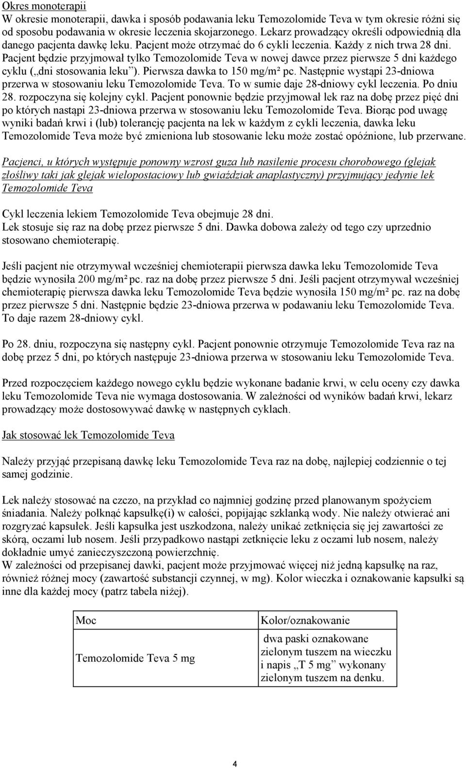 Pacjent będzie przyjmował tylko Temozolomide Teva w nowej dawce przez pierwsze 5 dni każdego cyklu ( dni stosowania leku ). Pierwsza dawka to 150 mg/m² pc.