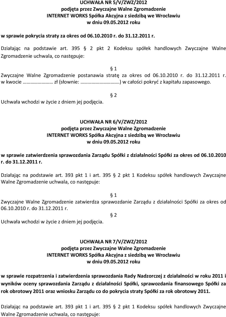 ) w całości pokryć z kapitału zapasowego. UCHWAŁA NR 6/V/ZWZ/2012 w sprawie zatwierdzenia sprawozdania Zarządu Spółki z działalności Spółki za okres od 06.10.2010 r. do 31.12.2011 r.