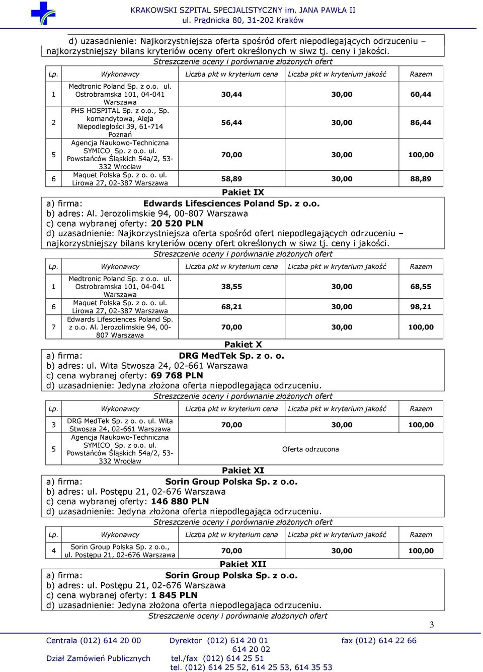 z o. o. b) adres: ul. Wita Stwosza, 0- c) cena wybranej oferty: 9 8 PLN 3 DRG MedTek Sp. z o. o. ul. Wita Stwosza, 0- Powstańców Śląskich a/, 3- Oferta odrzucona Pakiet XI b) adres: ul.
