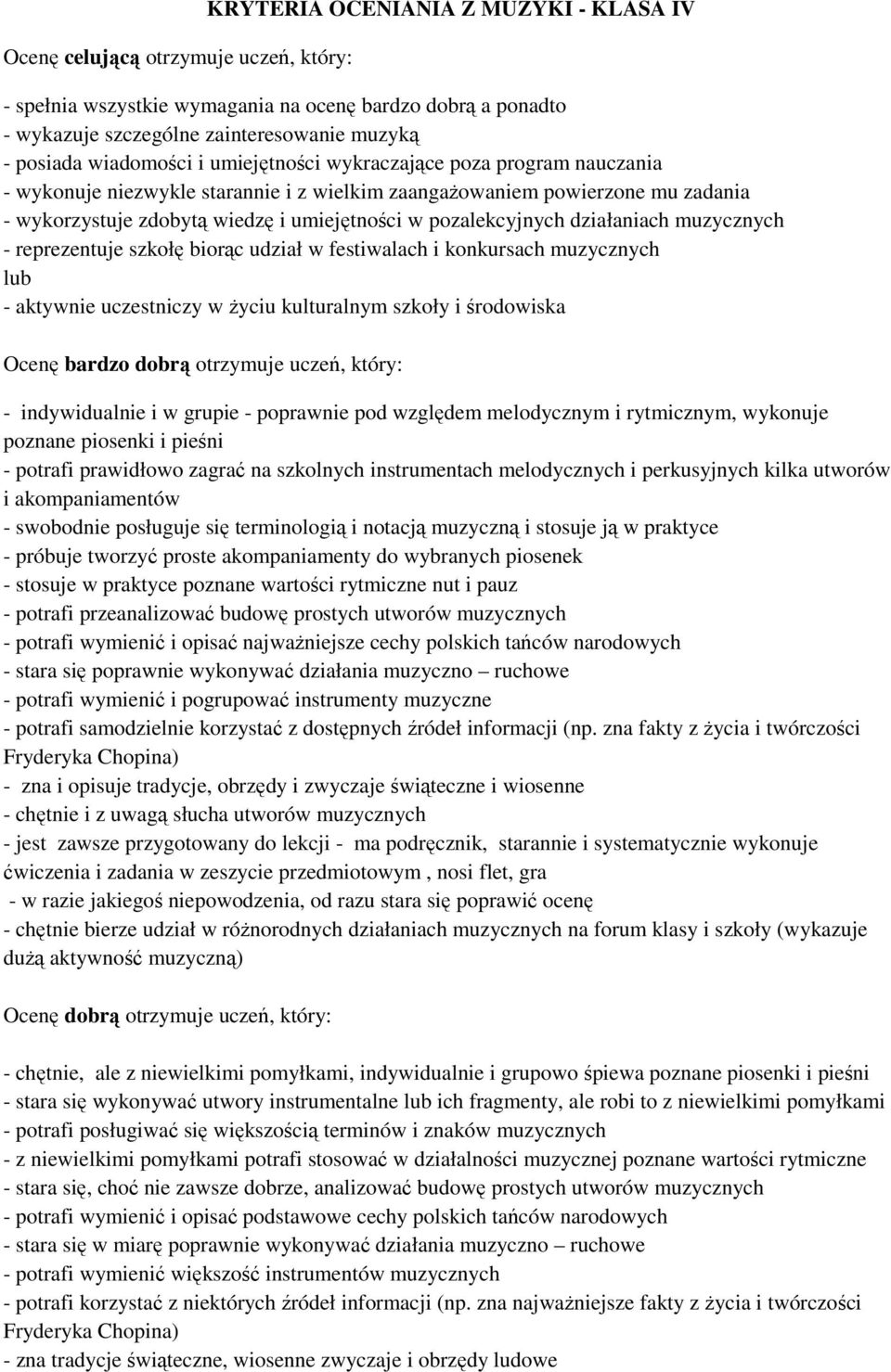 pozalekcyjnych działaniach muzycznych - reprezentuje szkołę biorąc udział w festiwalach i konkursach muzycznych lub - aktywnie uczestniczy w Ŝyciu kulturalnym szkoły i środowiska Ocenę bardzo dobrą