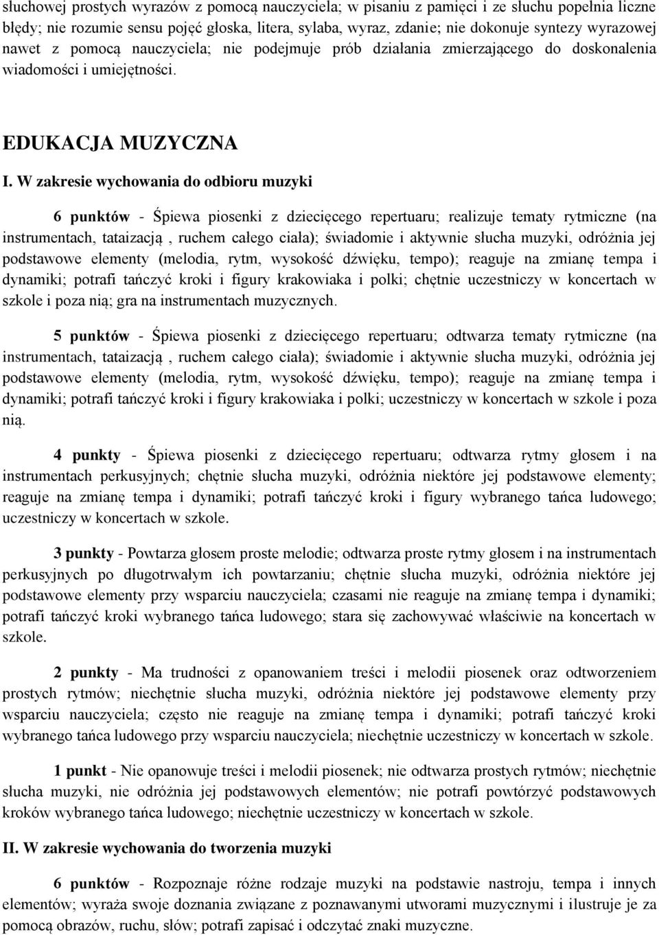 W zakresie wychowania do odbioru muzyki 6 punktów - Śpiewa piosenki z dziecięcego repertuaru; realizuje tematy rytmiczne (na instrumentach, tataizacją, ruchem całego ciała); świadomie i aktywnie